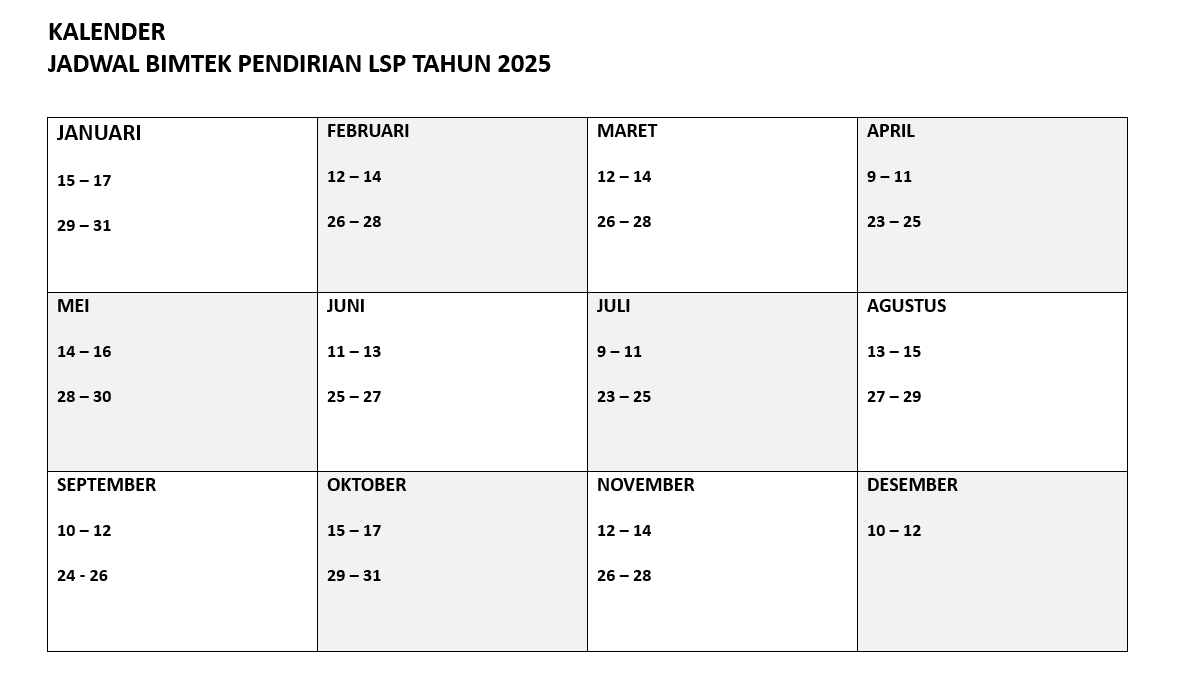 KALENDER JADWAL BIMTEK PENDIRIAN LSP TAHUN 2025