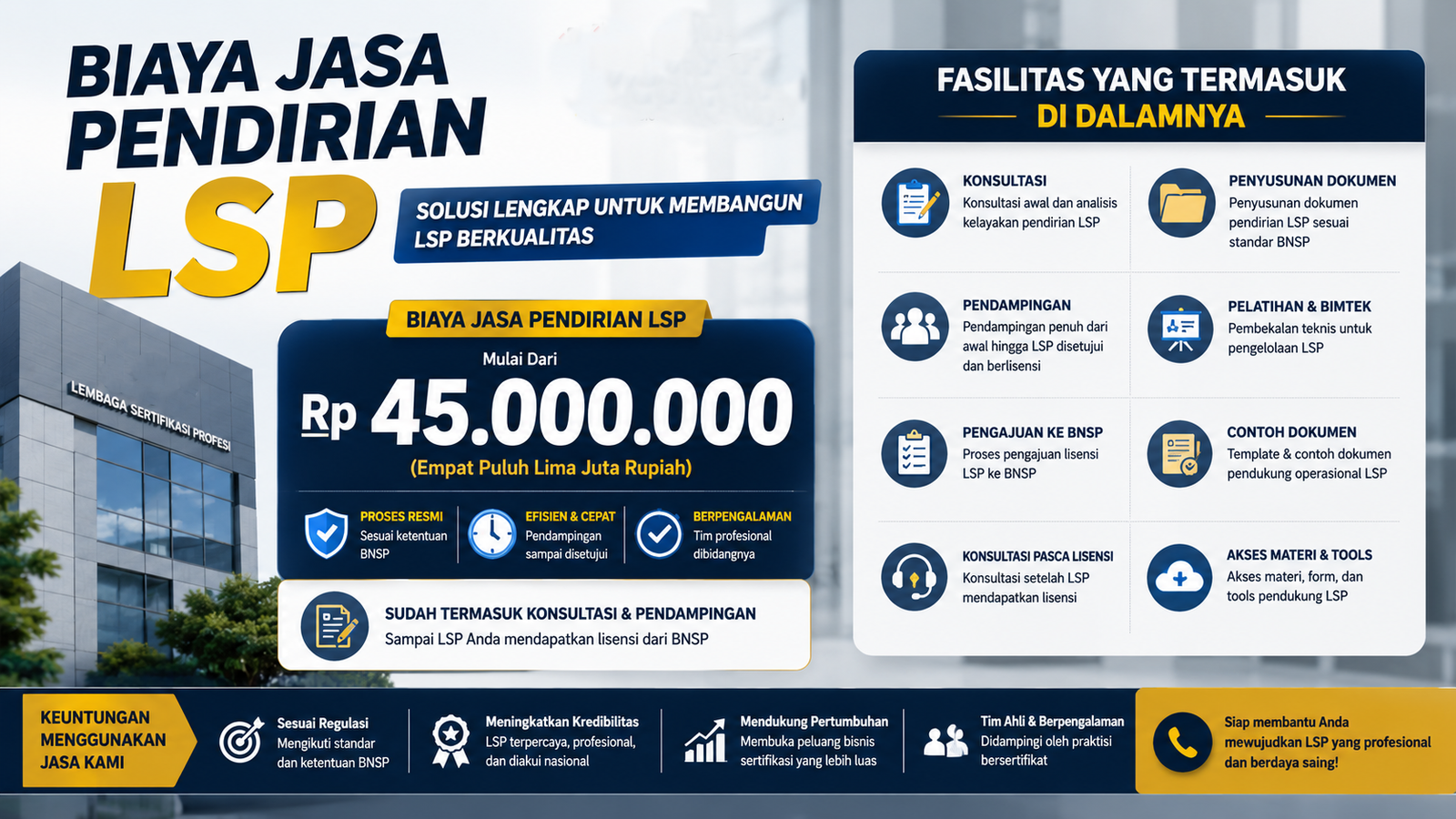 Biaya Jasa Pendirian LSP dan Fasilitas yang Termasuk di Dalamnya - Konsultan Pendirian LSP dan LPK Biaya Jasa Pendirian LSP dan Fasilitas yang Termasuk di Dalamnya