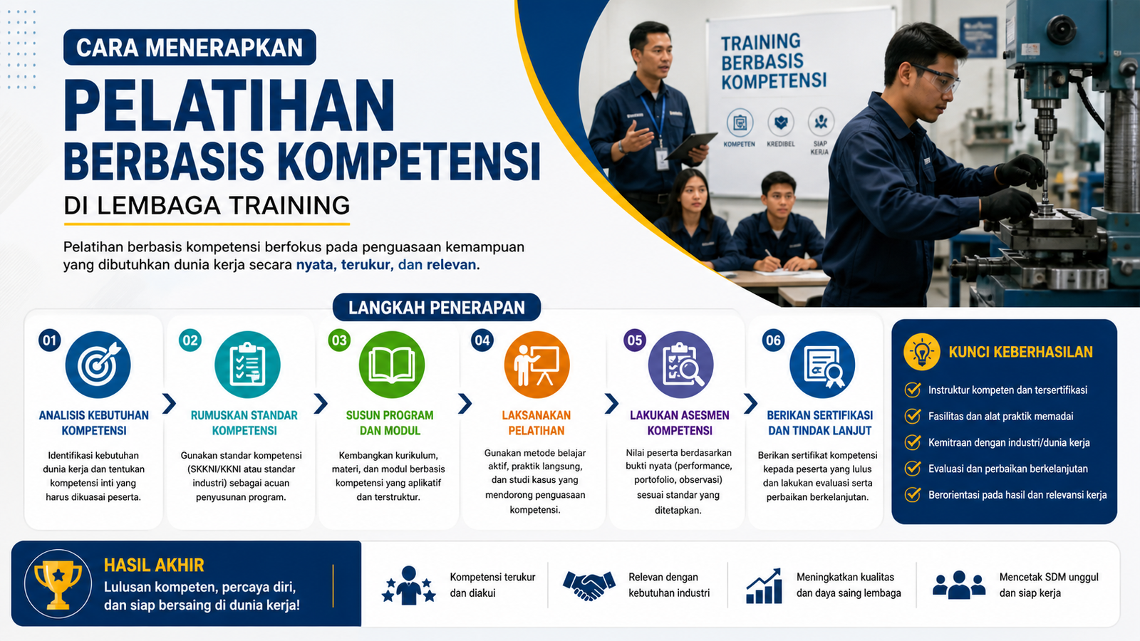 Banner for competency-based training with six steps (01–06) and a workshop scene showing trainees and a machine on the right; Indonesian text highlights the program at Lembaga Training.