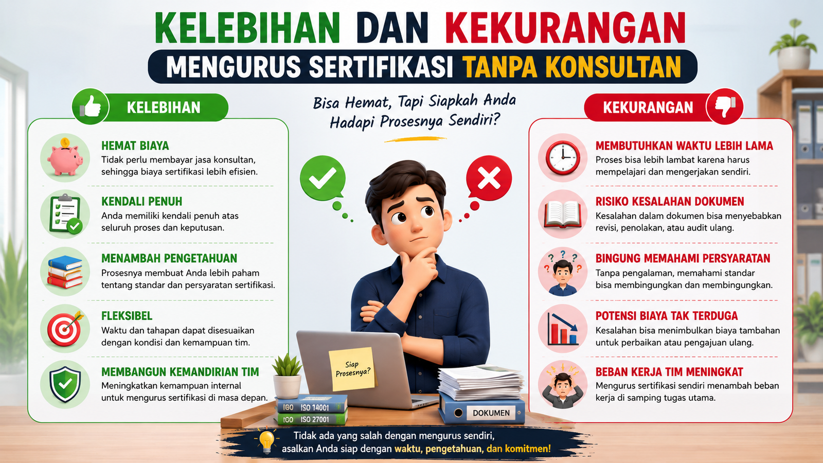 Infografik membandingkan kelebihan dan kekurangan mengurus sertifikasi tanpa konsultan: kolom kiri hijau untuk kelebihan, kolom kanan merah untuk kekurangan, dengan figur di tengah memilih antara centang dan silang.