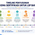 Timeline Penyusunan Skema Sertifikasi untuk LSP Baru - Konsultan Pendirian LSP dan LPK Infografis timeline penyusunan skema sertifikasi untuk LSP baru, dari Identifikasi Kebutuhan hingga Penetapan & Dokumentasi dengan durasi kerja per langkah.